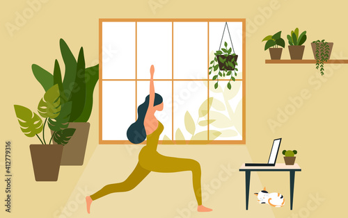 Woman doing yoga online at home vector illustration. Healthy lifestyle and quarantine at home concept