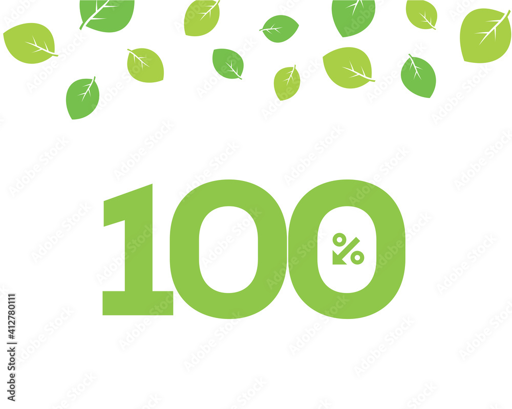 Vector green 100% text designed with an arrow percent icon on white background with leaves. For spring sale campaign. Vector green 100% text designed with an arrow percent icon on white background with leaves. For spring sale campaign.