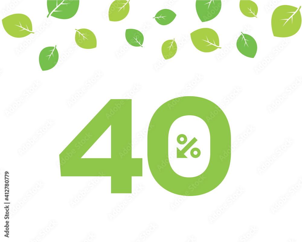 Vector green 40% text designed with an arrow percent icon on white background with leaves. For spring sale campaign. Vector green 40% text designed with an arrow percent icon on white background with leaves. For spring sale campaign.
