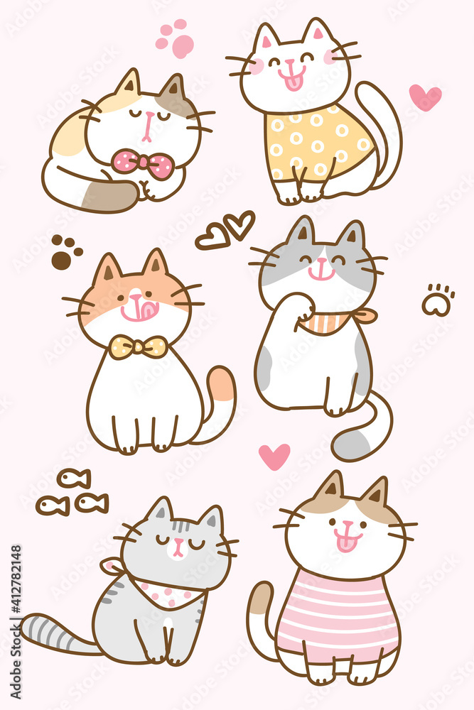 Vector Illustration of Cartoon Cat Characters on Isolated Background