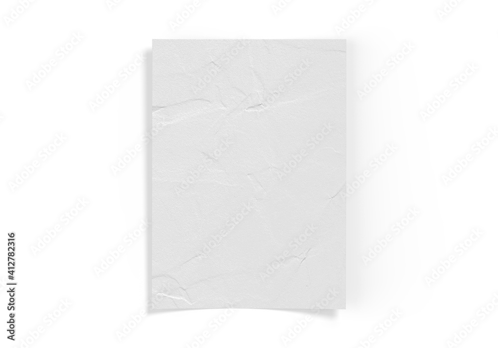 Crumpled sheet of textured paper mockup, clean empty paper note mock up template of A4 format with shadow on white background, 3d illustration
