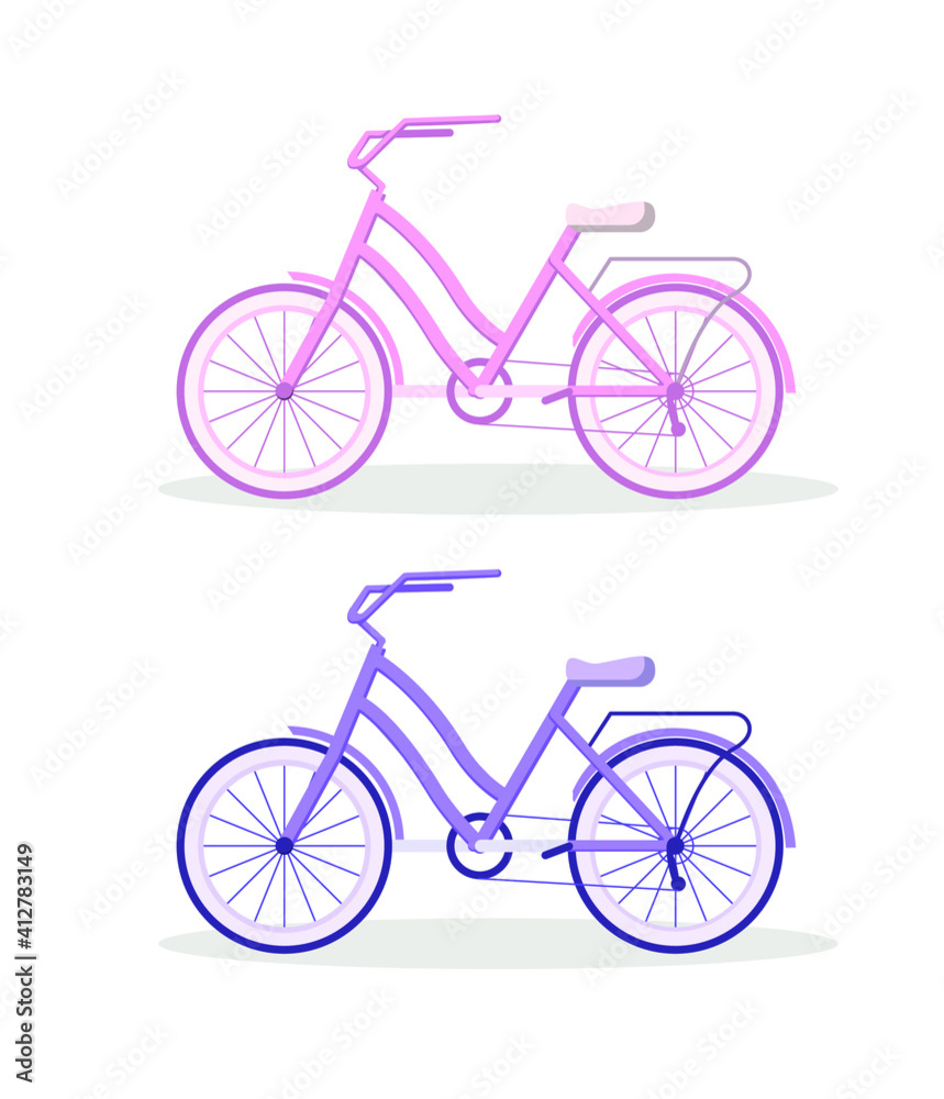Two bicycles on a white background. Pink and blue