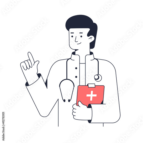 Doctor stands with clipboard in his hand. Man medical worker portrait with pointing gesture. Line vector illustration isolated on white background