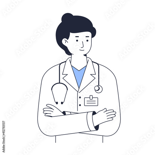 Doctor stands with arms crossed. Woman medical worker portrait. Line vector illustration isolated on white background