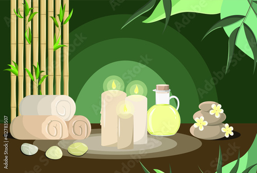 Spa. Decor. Towels, candles, massage stones, flowers, bamboo, oil