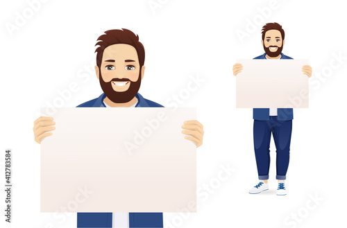 Handsome big man in casual clothes presenting something holding empty blank board isolated vector illustration