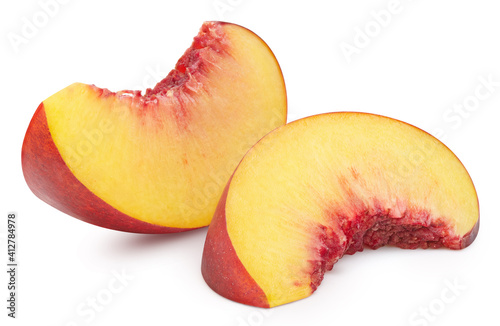 Peach. Fresh peach isolated on white. Whole, half, slice, piece, quarter, section, segment