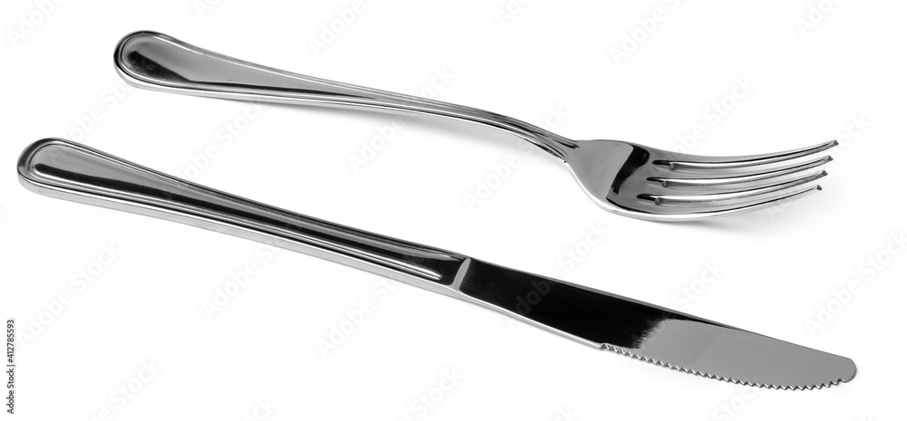 Silver fork and knife isolated on white background Silver fork and knife isolated on white background
