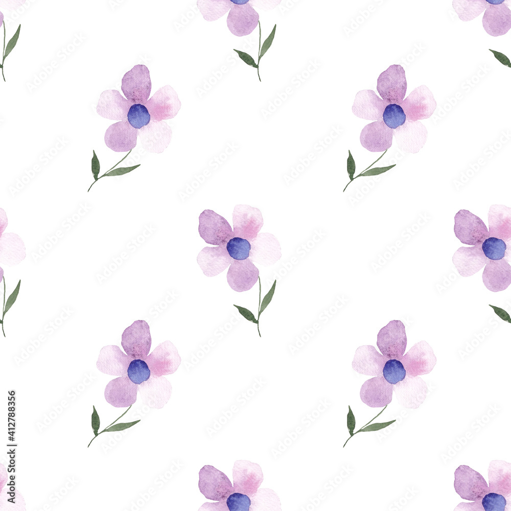 Watercolor violet flowers seamless pattern. Watercolor fabric. Repeat flowers. Use for design invitations, birthdays