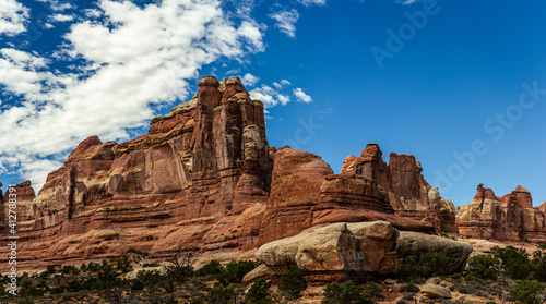 Wide shot of mesas and buttes in canyonlands national park at sunny day in Utah, America