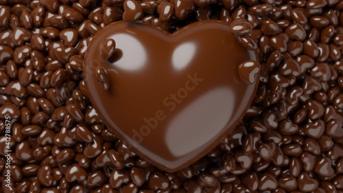 Heart sign symbol, big and mini chocolate candy flowing pop up 3D rendering brown color, Love valentine's Day concept design pattern background animation 4K footage with copy space