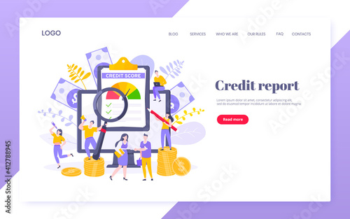 Credit score report with arrow gauge speedometer indicator with color levels on giant clipboard. Measurement from poor to excellent rating with people working together landing page.