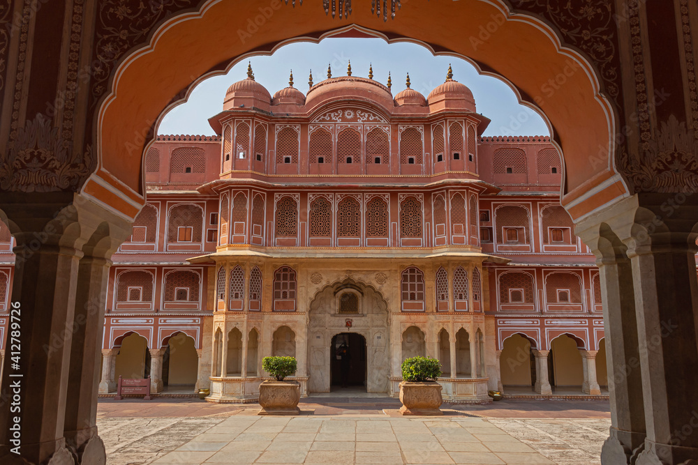Inside view of City Palace Mahal facade, Jaipur, Rajasthan, India.