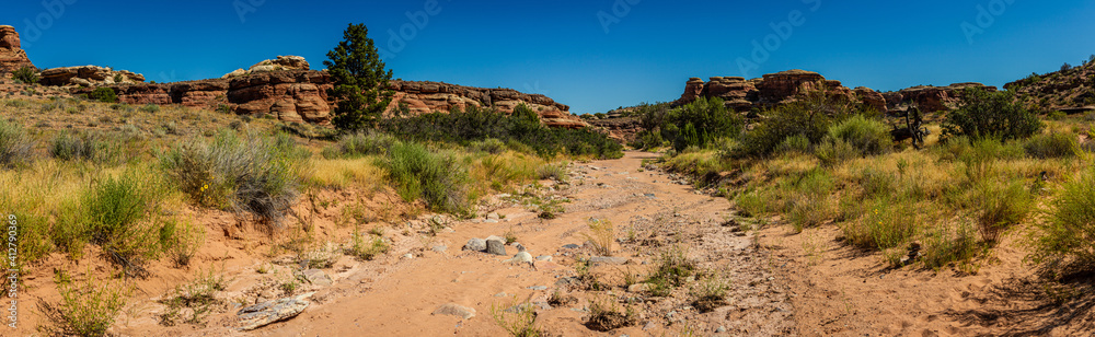 Wide shot of uneven sandy walkroad with mesas, buttes and needles in canyonlads in Utah, america
