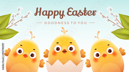 Cute chicks on a light background with pussy willow branches. Postcard for Easter Day. 