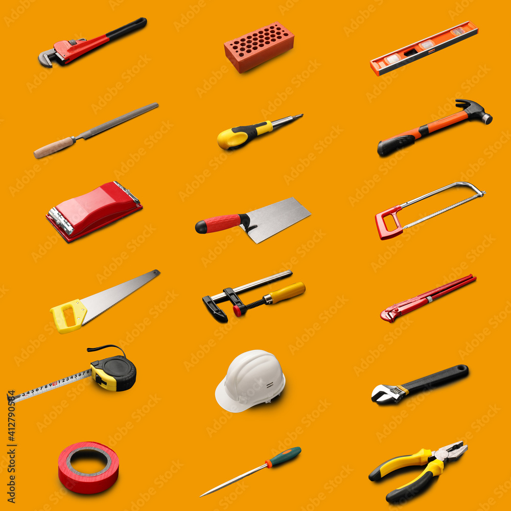 Set of construction tools on color background