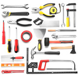 Set of different construction tools on white background