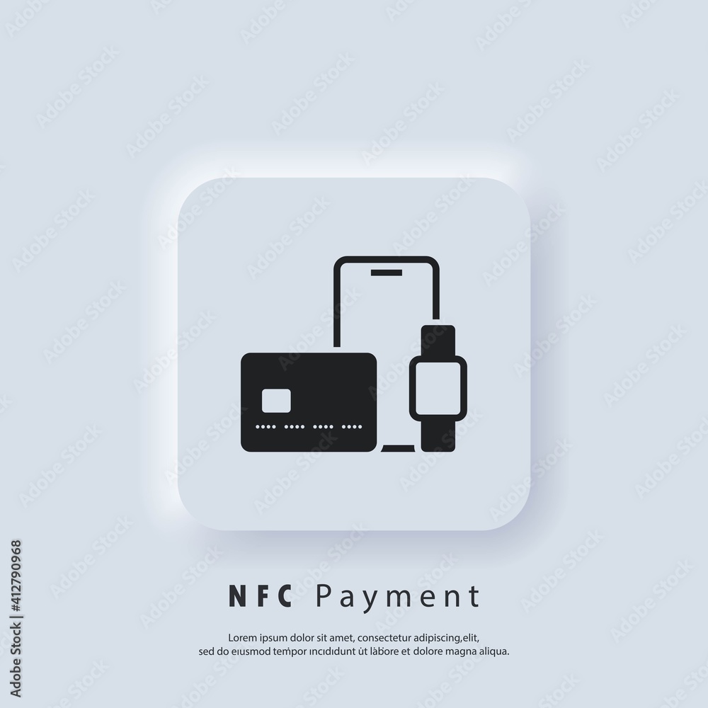 NFC payment icon. Contactless card payment systems. Vector. UI icon. Neumorphic UI UX white user interface web button. Neumorphism NFC payment icon. Contactless card payment systems. Vector. UI icon. Neumorphic UI UX white user interface web button. Neumorphism
