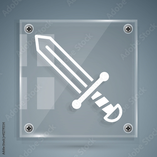 White Medieval sword icon isolated on grey background. Medieval weapon. Square glass panels. Vector.