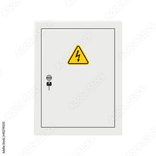 Electrical power switch panel with close door and key. Fuse box. Isolated vector illustration in flat style on white background
