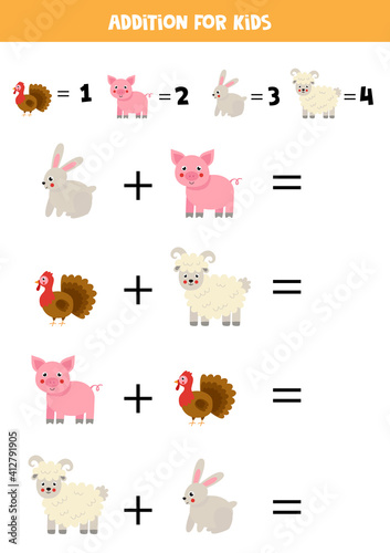 Fototapeta Naklejka Na Ścianę i Meble -  Addition game with cute cartoon farm animals. Math game for kids.