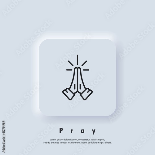 Pray icon. Hands folded in prayer icon. Pray logo. Request, entreaty, please. Vector. UI icon. Neumorphic UI UX white user interface web button. Neumorphism