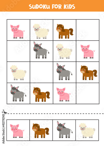 Sudoku game with cartoon pig, horse, donkey and sheep.