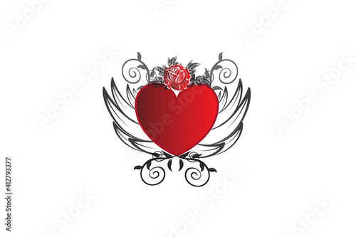 Love heart with wings and rose flower vintage decoration swirly leaves icon logo vector image design template
