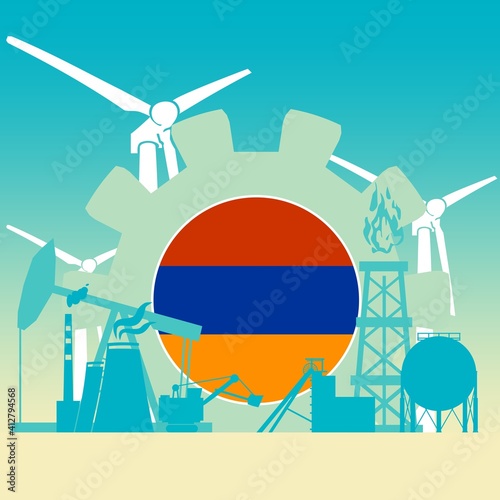 Energy and power icons set with flag of Armenia. Sustainable energy generation and heavy industry.