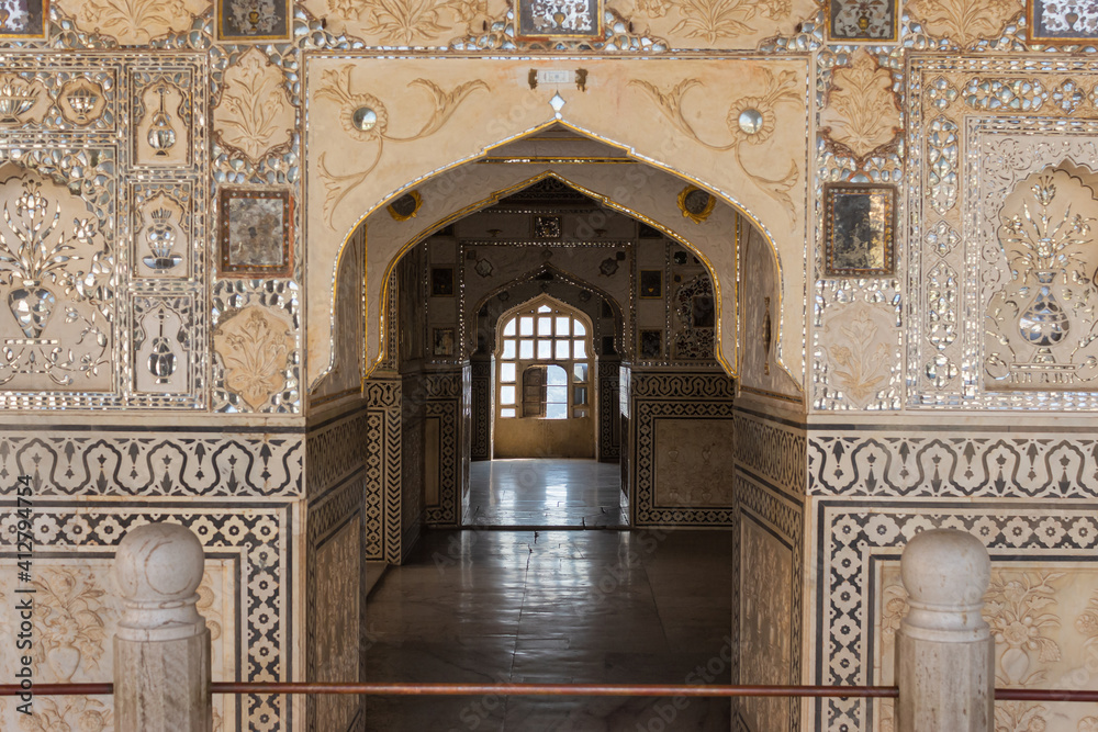 Mirror mosaics at Sheesh Mahal, mirror palace, Amer Fort, Jaipur, Rajasthan, India