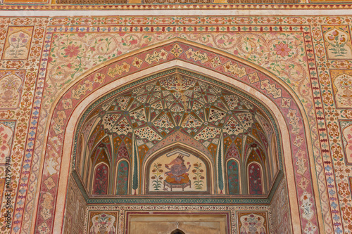 Intricate carvings and mosaics on the walls and ceilings  Sheesh Mahal  Jaipur  Rajasthan  India.
