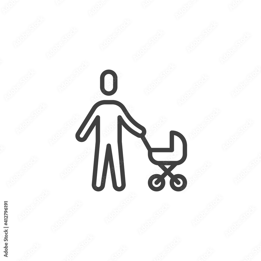 Father with stroller line icon. linear style sign for mobile concept and web design. Man and baby carriage outline vector icon. Symbol, logo illustration. Vector graphics Father with stroller line icon. linear style sign for mobile concept and web design. Man and baby carriage outline vector icon. Symbol, logo illustration. Vector graphics