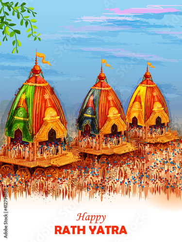 illustration of Lord Jagannath, Balabhadra and Subhadra on annual Rathayatra in Odisha festival background