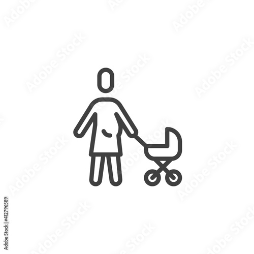 Mother with a stroller line icon. linear style sign for mobile concept and web design. Woman with baby carriage outline vector icon. Symbol, logo illustration. Vector graphics