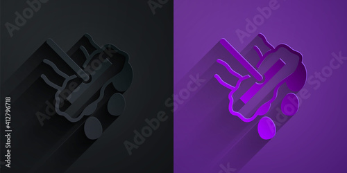 Paper cut Mop icon isolated on black on purple background. Cleaning service concept. Paper art style. Vector.