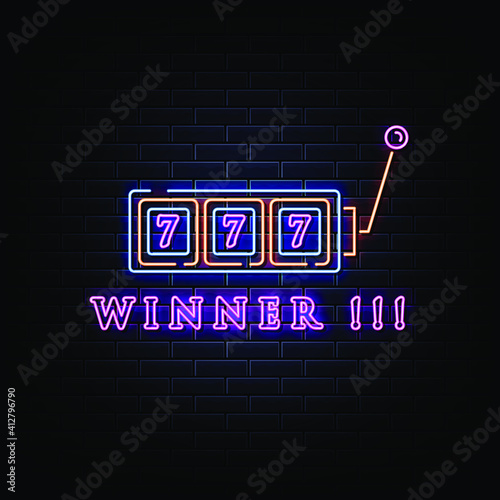 Neon slot machine coins wins the jackpot. 777 Big win casino concept