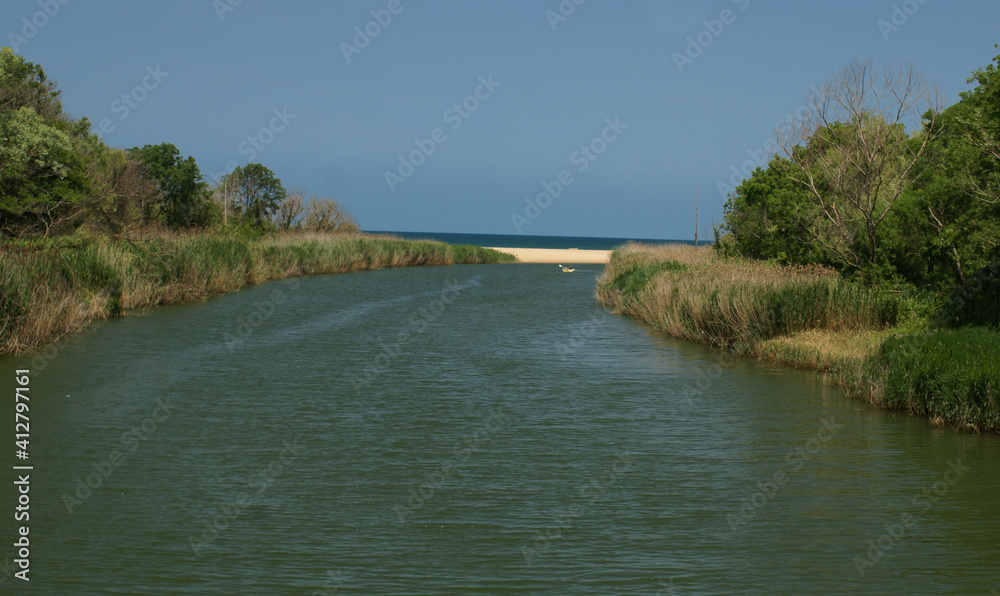 A panoramic shot of a scenery that captures a river between two paths filled with grass and trees. A panoramic shot of a scenery that captures a river between two paths filled with grass and trees.