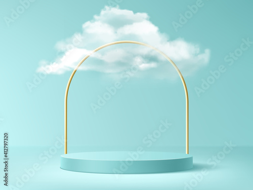 Podium with clouds and gold arch, abstract background with empty cylindrical stage for award ceremony, product presentation platform, pedestal on turquoise sky backdrop, Realistic 3d vector concept