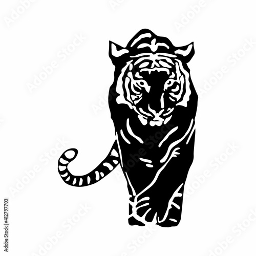 Fototapeta Naklejka Na Ścianę i Meble -  Vector illustration silhouette of a walking tiger isolated on a white background. Big wild cat logo, icon, tattoo.