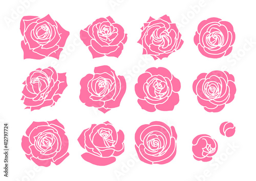 【手描きベクターイラスト素材】ステンシル風薔薇のイラストセット ベタ塗り