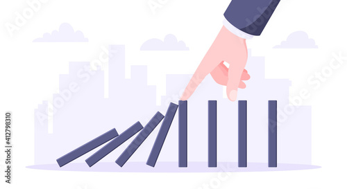 Domino effect business concept. Hand stops chain reaction of falling board game blocks of dominoes flat style vector illustration. Business bankruptcy or crisis, risk and finding solution metaphor.