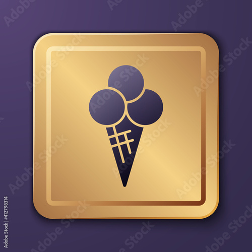 Purple Ice cream in waffle cone icon isolated on purple background. Sweet symbol. Gold square button. Vector.