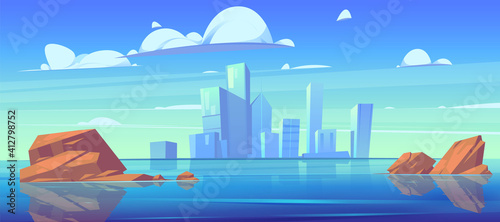 City skyline with buildings silhouettes and reflection in water of river or lake. Vector cartoon landscape of sea, island with town skyscrapers on horizon and stones in water