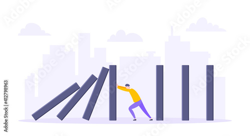 Domino effect or business resilience metaphor vector illustration concept. Adult young businessman pushing falling domino line business concept of problem solving and stopping domino chain reaction.