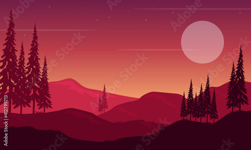 Beautiful purple sky with moon and stars at night. Vector illustration