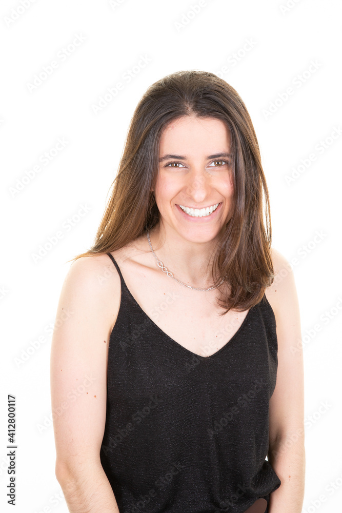 Portrait of cheerful Caucasian woman posing on white background Portrait of cheerful Caucasian woman posing on white background