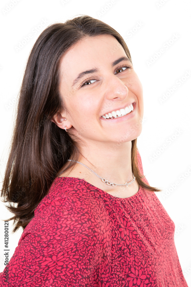 portrait of a young happy brunette woman smiling on white background portrait of a young happy brunette woman smiling on white background