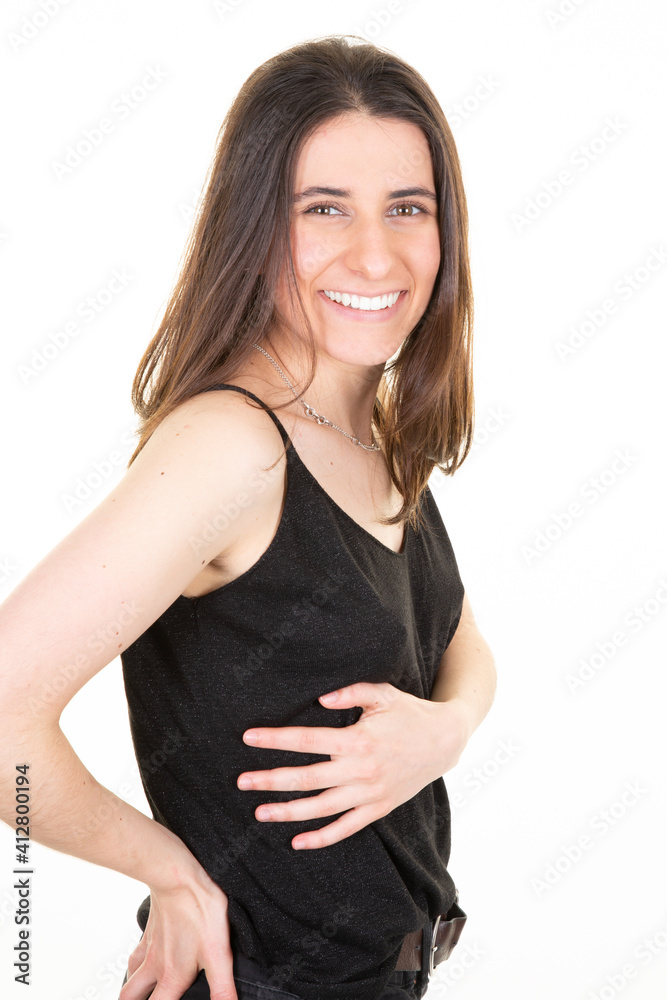 Beautiful young woman dressed in black clothing isolated over isolated background Beautiful young woman dressed in black clothing isolated over isolated background