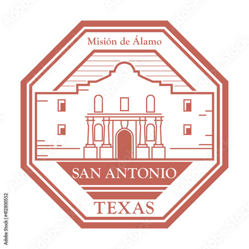 Tela Stamp or label with name of Alamo Mission, San Antonio, Texas