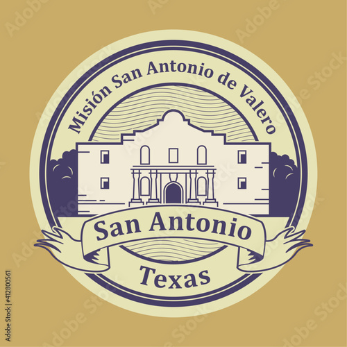 Stamp or label with name of Alamo Mission, San Antonio, Texas